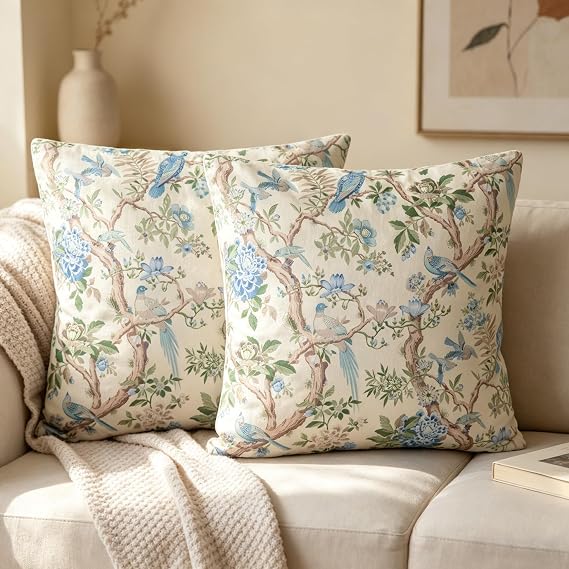 NIULAA 2 Pack Blue Green Bird Floral Velvet Cushion Covers 40cm x 40cm