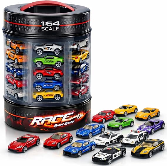 25 Piece Diecast Cars Pack Toy Playset in Storage Carrying Tub - 1:64 Scale Metal Alloy Die-cast Vehicles Collection for Kids