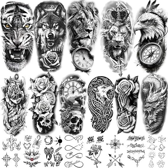 92 Sheets Temporary Tattoo, 17 Sheets Half Arm Lion Wolf Tiger Dragon Butterfly Rose Fake Tattoos for Women Men, 75 Sheets Realistic Tiny Tattoos