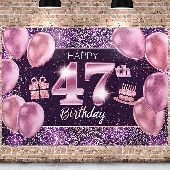 Happy 47th Birthday Banner Backdrop - 47 Birthday Party Decorations Supplies for Women - Pink Purple Gold 4 x 6ft