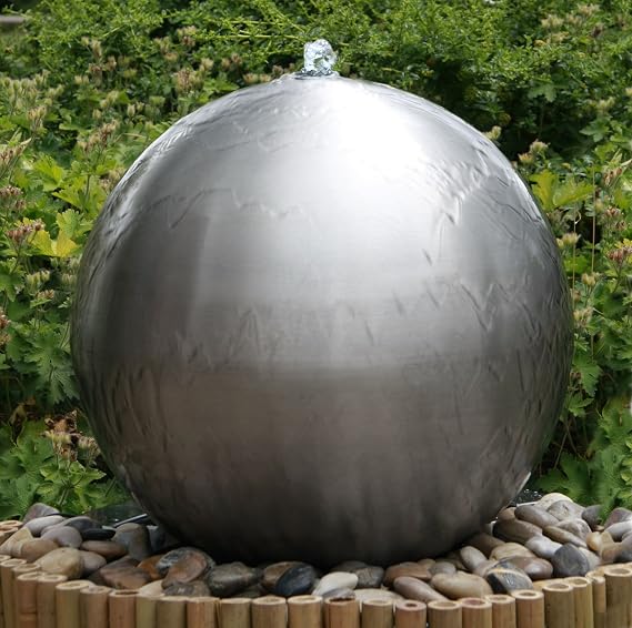 Primrose 60cm Silver Brushed Stainless Steel Fountain Sphere Modern Water Feature with LED Lights