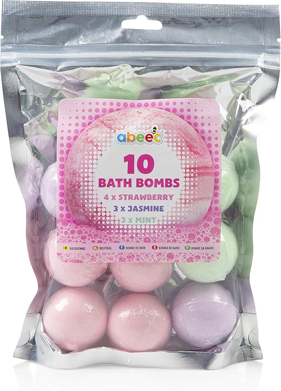 abeec 10 Bath Bombs – Bath Bomb Set in Scents: Strawberry, Jasmine and Mint – 10 Bath Bombs for Kids – Fizzy Bubble Bath Sets for Women’s Gifts – Bubble Bath