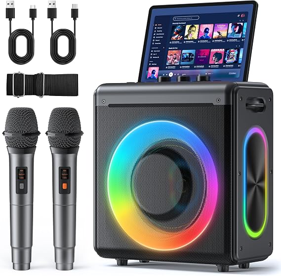Karaoke Machine with 2 Microphones: Portable Bluetooth Speaker for Adults & Kids - PA System with Lights Supports TWS/TF Card/USB/AUX for Home Party-Stage Subwoofers