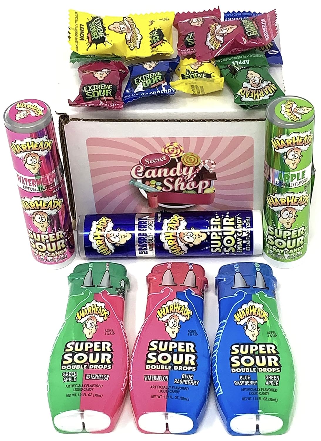 SECRET CANDY SHOP Warheads Super Sour Double Drops & Spray Variety Pack of 6 1 of each  Free 10 Warheads Sour Candy