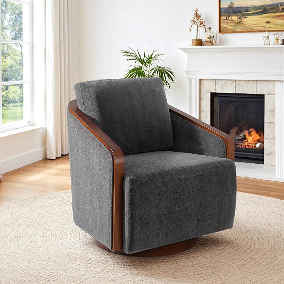 Swivel Barrel Accent Chair, Chenille Armchairs, Dark Gray