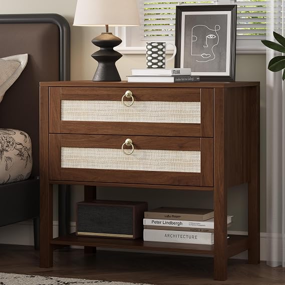Xixini Rattan Nightstand with 2 Drawers and Open Shelf, 27" Wide Boho Bedside Table with Brass Knobs, Mid-Century Modern Wooden End Table for Bedroom, Walnut