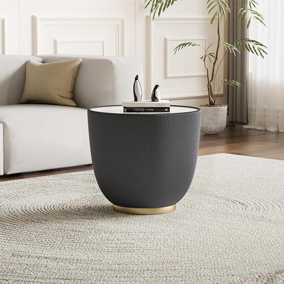 Modern Bowl Shape End Table with PU Leather Finished, White Faux Marble Top End Table for Living Room Office, Fully Assembled Round Accent Side Table for Apartment, 20''Dia x 17''H, Gray