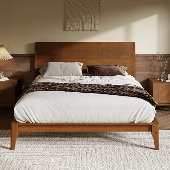 Merax Full Size Bamboo Platform Bed Frame with Tall Headboard, Brown
