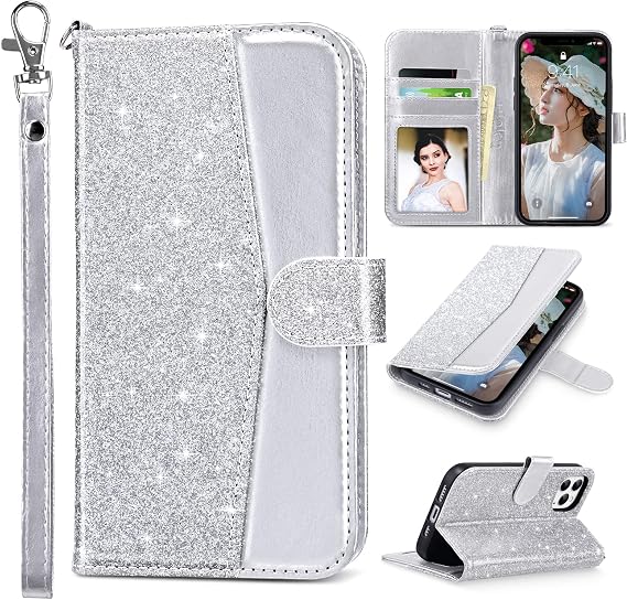 ULAK Compatible with iPhone 12/12 Pro Wallet Case Card Holder, Silver