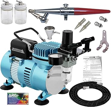 Paasche H Airbrush Set with a Master 1/5 hp Cool Runner II Dual Fan Air Compressor System, Single-Action External Mix Siphon Feed Airbrush, All 3 Head Sizes 1, 3 & 5, Hose, Holder, How-To Guide