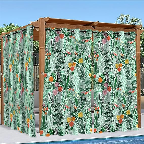 Outdoor Curtains for Patio Waterproof, Blue Blackout Outside Curtains for Porch Gazebo Pergola Garden Cabana 2 Panels 54 x 84 Inch, Plant Privacy Light Blocking Outdoor Drapes