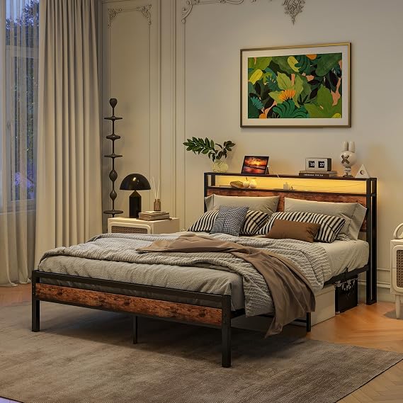 King Size Bed Frame with Storage and LED Lights,Charging Station,Metal Bed Frame King size Bed Base,Mattress Foundation,UnderBed Storage,Reinforced Steel Slat Support,Easy Assembly,Black+Brown