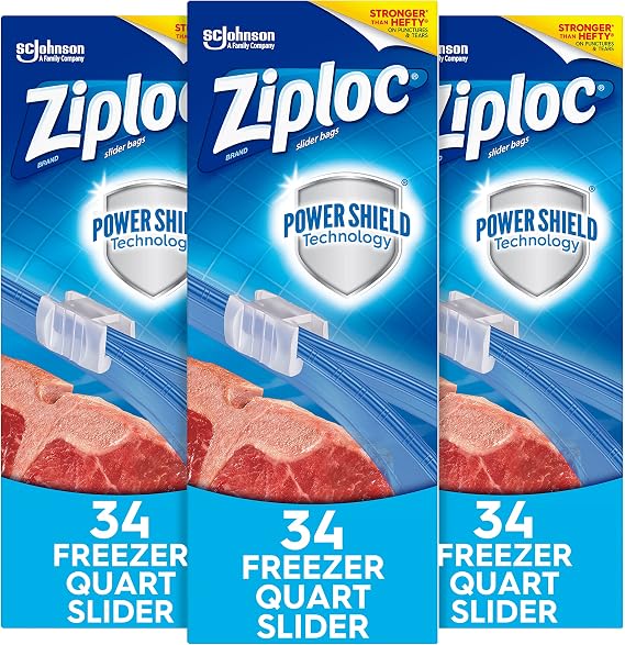 Ziploc Slider Freezer Bags with New Power Shield Technology, Quart, 34 Count, Pack of 3 (102 Total Bags)