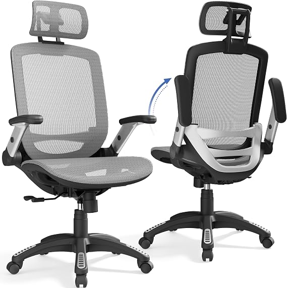 Ergonomic Office Chair, High Back Mesh Desk Chairs with Adjustable Flip-Up Arms, 3D Headrest, Tilt Back, Comfy Heavy Duty Computer Gaming Executive Chairs for Home Office Long Hours (Dawn Grey)