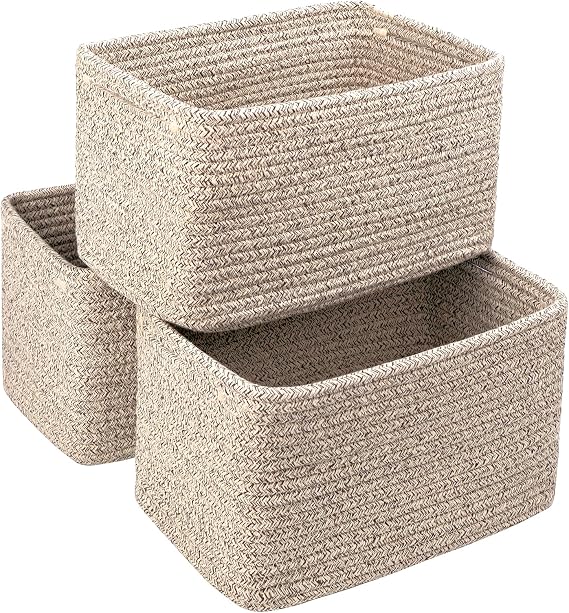 R RUNKA Small Cotton Rope Rectangular Storage Basket Set of 3 - 11"x7"x7" - Perfect Woven Baskets for Storage, Ideal for Organizing Toys, Towels, and More - Baskets for Shelves and Home Decor (Beige)