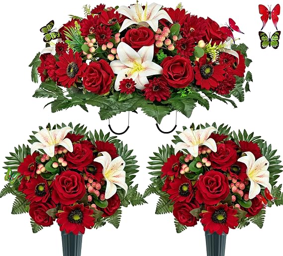 MUVIC Artificial Cemetery Flower Bouquets and Headstone Flower Saddle for Grave,Three-Piece Set:Rose,Sunflower Rose Hibiscus Daisy Berry, Easy Fit and Colorfast