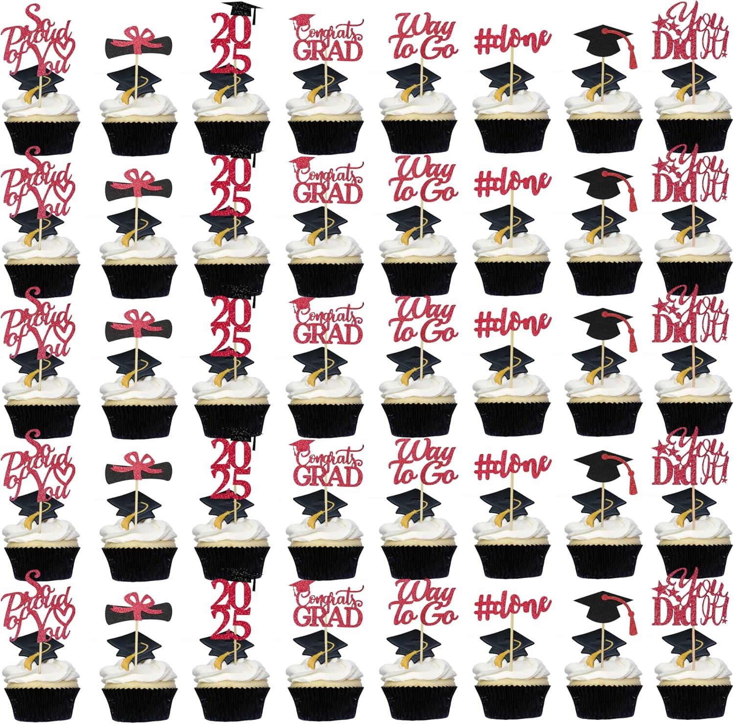 Graduation Decorations 2025 Red, Graduation Cupcake Toppers 2025 Red Black, Glitter Class of 2025 Cupcake Toppers Supplies, Class of 2025 Congrats Grad Cap Diploma Cupcake Picks - 40Pcs