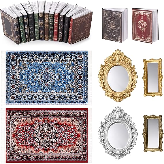 18 PCS Doll House Accessories Mini Books Doll House Rugs Mirrors Set