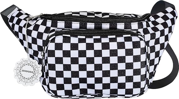 Shiny Neon Fanny Bag for Women Rave Festival Hologram Bum Travel Waist Pack Black and White Checkered