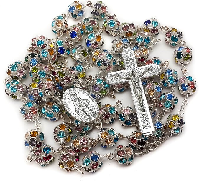 Nazareth Store Colorful Zirconia Crystal Beads Rosary Silver Catholic Necklace with Miraculous Medal Cross Crucifix Multicolor Rosaries in Velvet Bag