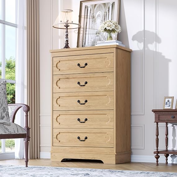 5 Drawer Dresser for Bedroom Natural Bedroom Dresser 46" Tall Wood Cabinet