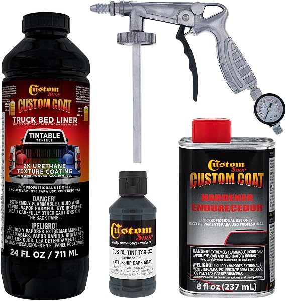 Custom Coat Battleship Dk Gray Urethane Spray-On Truck Bed Liner, 1 Quart | Includes Spray Gun and Regulator, 3:1 Mix Ratio, Federal Standard Color # 36118, Durable Textured Protective Coating