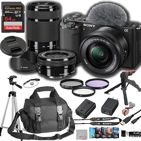 Sony ZV-E10 Mirrorless Camera with with 16-50mm + 55-210mm Lenses, 64GB Extreem Speed Memory, Case. Tripod, Filters, Hood, Grip, Professional Video & Photo Editing Software Kit