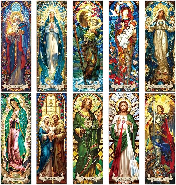 Wxiben 20 Pcs Stained Glass Catholic Transparent Bookmarks PVC Book Mark