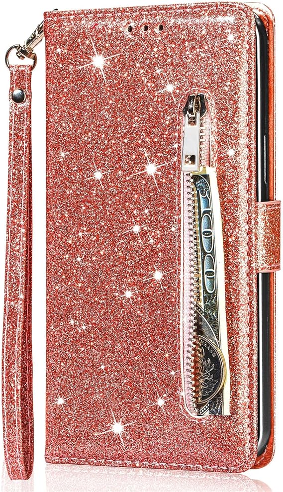 XYX Wallet Case for iPhone 16e/iPhone 17e, Luxury Glitter Zipper Purse PU Leather Flip Phone Protective Case with Wrist Strap, Rose Gold