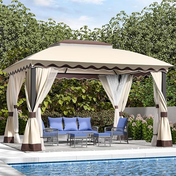 ZZW Outdoor Patio Gazebo 1013 Heavy Duty Gazebos with Mosquito Netting & Double Roof Metal Steel Frame Canopy Gazebo Tent Shelter for Patio Lawn Backyard Garden