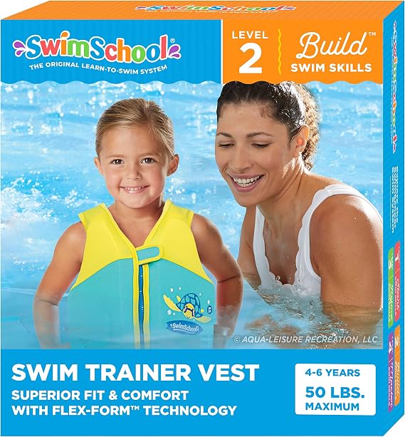 SwimSchool Kids Swim Trainer Vests for Toddlers Ages 2-6 Boys/Girls Multiple Colors/Styles Learn to Swim Floaties
