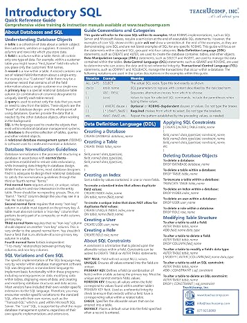 Introductory SQL Quick Reference Training Card - Laminated Tutorial Guide Cheat Sheet (Instructions and Tips)