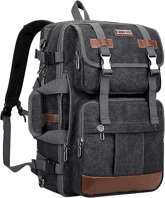 WITZMAN Canvas Travel Backpack for Men Large Laptop Backpack Fit 16 inch Carry-on Airline Approved Convertible Shoulder RucksackA6617-3 Black