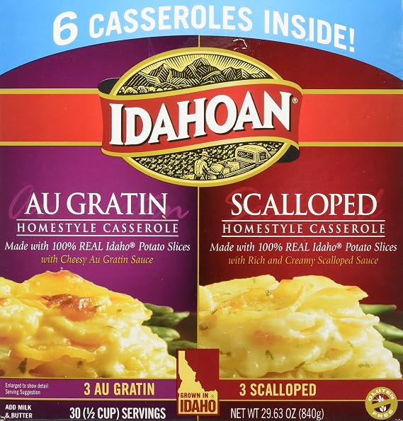 Idahoan Au Gratin and Scalloped Homestyle Casserole Potatoes, Made with Gluten-Free 100-Percent Real Idaho Potatoes, Combo Pack of 6 Boxes (5 Servings Each)