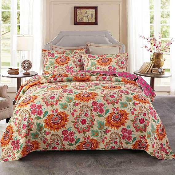 Qucover Quilted Bedspreads King Size, Red Floral Patchwork Quilts Bed Cover