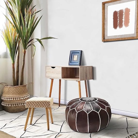 Fezcrafts Genuine Leather Moroccan Ottoman Unstuffed Moroccan Pouf Footresf Livin Room Cocktail Seats Goatskin Tribal Bohemian Home Decor (Dark Brown)