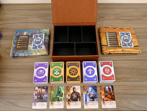 Gwent Cards (5 Decks | 527 Cards with 12 Rule Cards). Gift for Christmas | Total 527 Cards Plus Wooden Box + Playmat +Map. (Full Set with Handmade Leather Case)