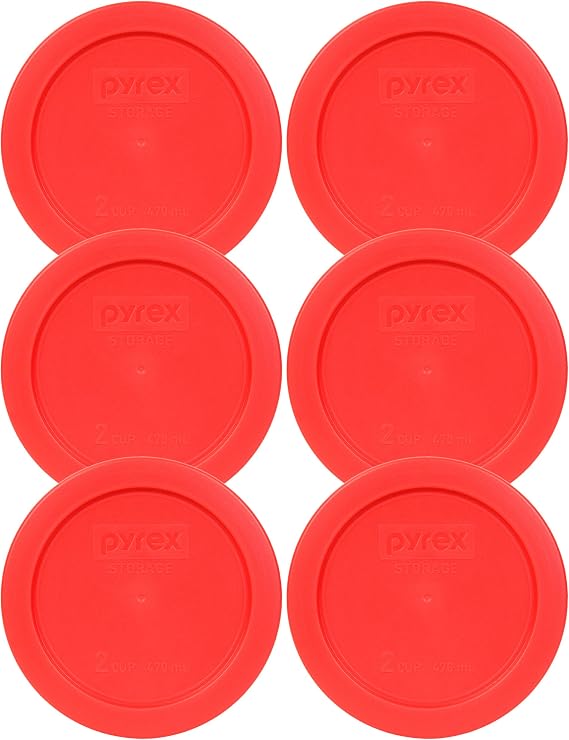 Pyrex 7200-PC 2-Cup Red Food Storage Lid (6-Pack) - Made in USA | BPA-Free Plastic | Round Shape | Secure Fit | Refrigerator Safe | Top-Rack Dishwasher Safe