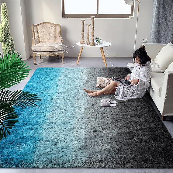 DweIke Luxury Fluffy Kids Rugs for Living Room Bedroom, 5x8 Large Shaggy Black and Blue Area Rug for Girls Boys, Upgrade Plush Non-Slip and Washable Colorful Fuzzy Carpet for Dorm Nursery Decor