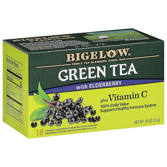 Bigelow Tea Green Tea Elderberry plus Vitamin C, Caffeinated, 18 Total Tea Bags (Pack of 1)