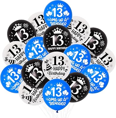 13th Birthday Balloons, Pack of 45 OMG UR a Teenager Birthday Decorations - Thirteen Blue Black White Latex Balloon Set for 13 Year Old Boy