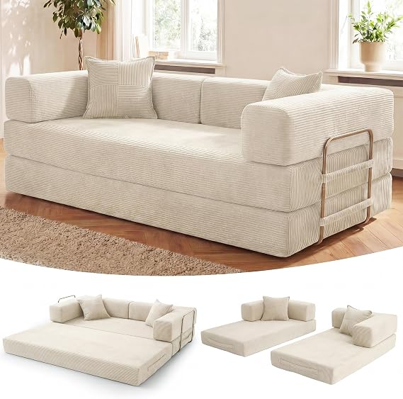 Vipbear 2 Seater Boneless Sofa Bed, 5-in-1 Convertible Modular Couch, Corduroy Folding Compressed Packed with Fixed-Shape Frame for Living Room