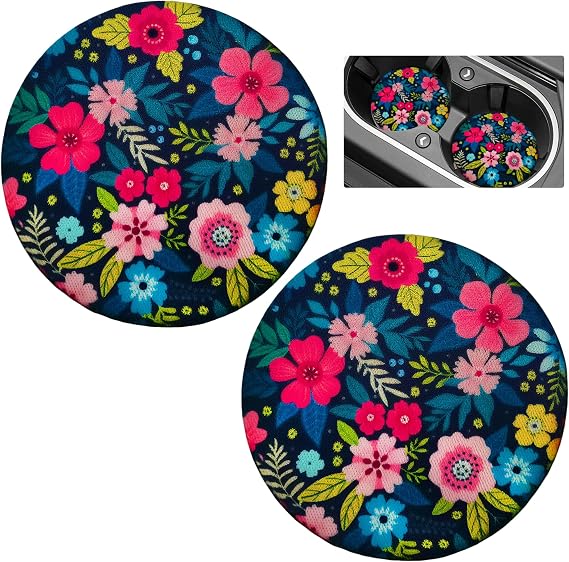 2PCS Flower Car Coasters for Cup Holders – Absorbent Silicone Car Cup Holder Insert, Non-Slip Auto Mug Mats, Car Accessories Interior, Universal Cup Holders Embedded for SUV, Car, Truck (Flower)