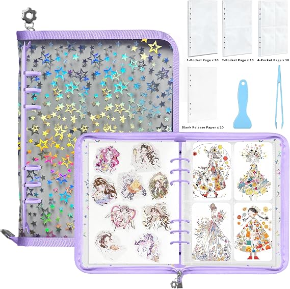 Mlife Sticker Storage Organizer, Sticker Organizer Binder Reusable Sticker Book Collecting Album A5 Sticker Collecting Book Sticker Album Holder with Blank Release Paper, Tweezer & Spatula(Purple)
