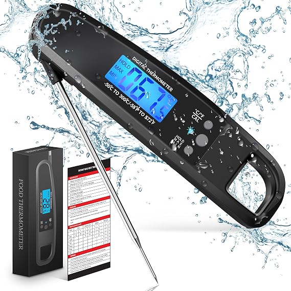 Instant Read Meat Thermometer for Kitchen Cooking, Ultra Fast Precise Waterproof Digital Food Thermometer with Backlight, Magnet and Foldable Probe for Deep Fry, Outdoor BBQ, Grill (Black)