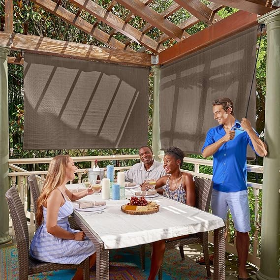 Coolaroo Outdoor Roller Shade with Wand - 90% UV Block Breathable Light Filtering Shade for Patio or Porch, Fade-Resistant, Easy-Clean Fabric, 6ft x 6ft, Mocha