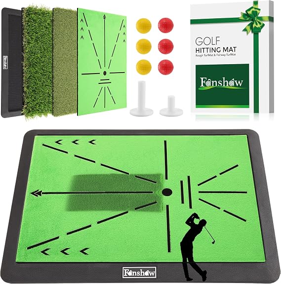 Fanshaw Portable Golf Mat with Swing Path Trajectory, 3-in-1 Hitting Mat | Swing path trajectory feedback, Heavy duty non-slip rubber base, Indoor & outdoor chipping practice