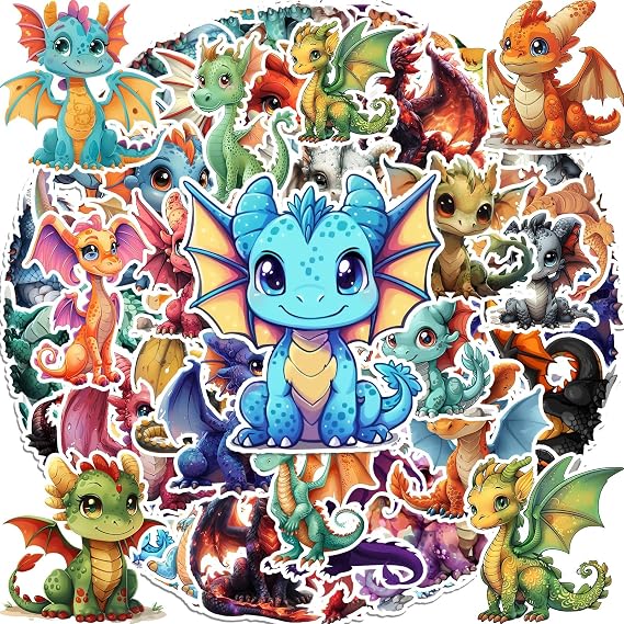 50pcs 3D Fantasy Dragon Stickers in Bulk Wings of Fire Stickers Waterproof Vinyl Magical Dragon Sticker in Assorted Colors Styles Cartoon Pterosaur Sticker for Laptop Water Bottles Dragon Party Favors