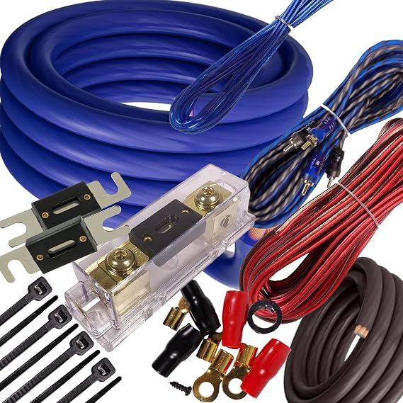 SoundXtreme SX-BCC4AB-BLUE 4 Gauge Amplifier Installation Wiring Kit - 3500W, Up to 6500W, Inline AGU Fuse Holder with 80A Fuse, Blue Car Audio Amp Cable Set