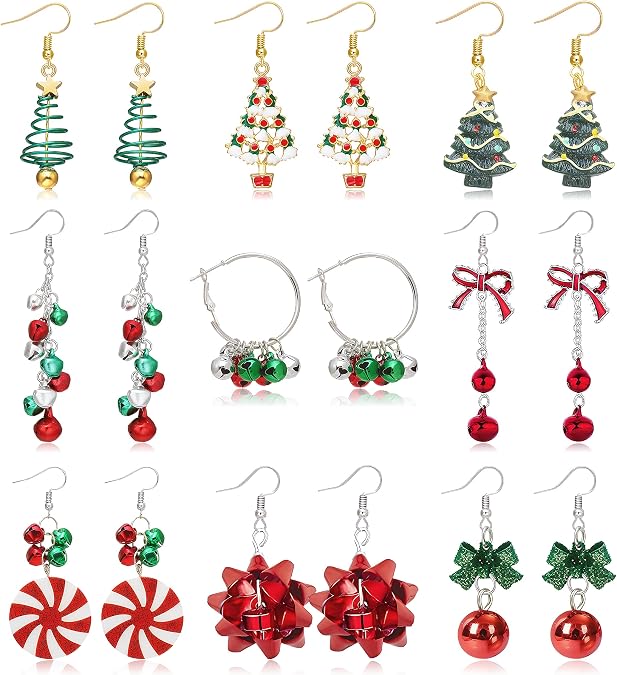 9 Pairs Christmas Earrings for Women Holiday Dangle Earrings Set with Tree Bow Bell Snowflake Candy Designs Festive Jewelry for Christmas Party Outfits Stocking Stuffers Gifts